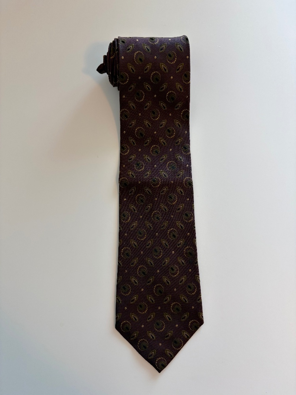 Ermenegildo Zegna 100% Silk Tie Burgundy Olive Gold Geometric Pattern